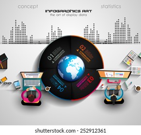 Infographic teamwork and brainstorming with Flat style. A lot of design elements are included: computers, mobile devices, desk supplies, pencil,coffee mug, sheets,documents and so on