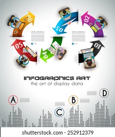 Infographic teamwork and brainstorming with Flat style. A lot of design elements are included: computers, mobile devices, desk supplies, pencil,coffee mug, sheets,documents and so on