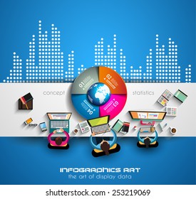 Infographic teamwork and brainstorming with Flat style. A lot of design elements are included: computers, mobile devices, desk supplies, pencil,coffee mug, sheets,documents and so on