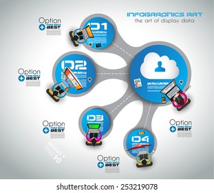 Infographic teamwork and brainstorming with Flat style. A lot of design elements are included: computers, mobile devices, desk supplies, pencil,coffee mug, sheets,documents and so on