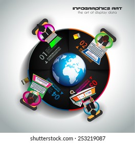 Infographic teamwork and brainstorming with Flat style. A lot of design elements are included: computers, mobile devices, desk supplies, pencil,coffee mug, sheets,documents and so on