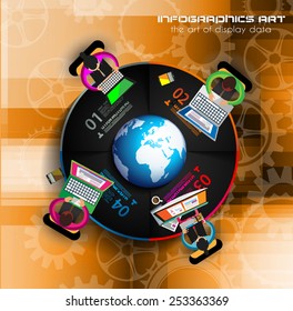 Infographic teamwork and brainstorming with Flat style. A lot of design elements are included: computers, mobile devices, desk supplies, pencil,coffee mug, sheets,documents and so on