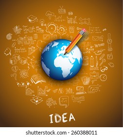 Infographic teamwork and brainstorming with Flat style. A lot of design elements are included: computers, mobile devices, desk supplies, pencil,coffee mug, sheets,documents and so on