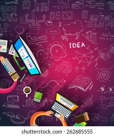 Infographic teamwork and brainstorming with Flat style. A lot of design elements are included: computers, mobile devices, desk supplies, pencil,coffee mug, sheets,documents and so on