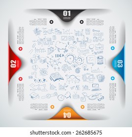 Infographic teamwork and brainstorming with Flat style. A lot of design elements are included: computers, mobile devices, desk supplies, pencil,coffee mug, 