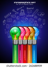 Infographic teamwork and brainstorming with Flat style. A lot of design elements are included: computers, mobile devices, desk supplies, pencil,coffee mug, sheets,documents and so on