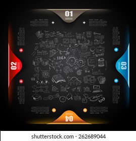 Trabalho em equipe infográfico e brainstorming com estilo plano. Muitos elementos de design estão incluídos: computadores, dispositivos móveis, suprimentos de mesa, lápis, caneca de café, folhas, documentos e assim por diante