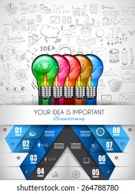 Infographic teamwork and brainstorming with Flat style. A lot of design elements are included: computers, mobile devices, desk supplies, pencil,coffee mug, sheets,documents and so on