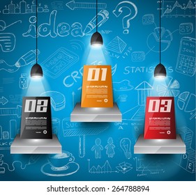 Infographic teamwork and brainstorming with Flat style. A lot of design elements are included: computers, mobile devices, desk supplies, pencil,coffee mug, sheets,documents and so on