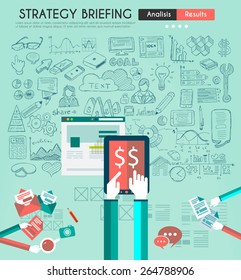 Trabajo en equipo e intercambio de ideas con estilo Flat. Se incluyen muchos elementos de diseño: computadoras, dispositivos móviles, suministros de escritorio, lápiz, taza de café, sábanas, documentos, etc.