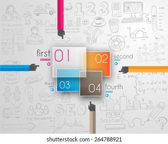 Infographic teamwork and brainstorming with Flat style. A lot of design elements are included: computers, mobile devices, desk supplies, pencil,coffee mug, sheets,documents and so on