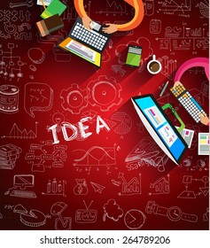 Infographic teamwork and brainstorming with Flat style. A lot of design elements are included: computers, mobile devices, desk supplies, pencil,coffee mug, sheets,documents and so on