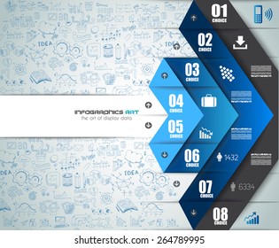 Trabalho em equipe infográfico e brainstorming com estilo plano. Muitos elementos de design estão incluídos: computadores, dispositivos móveis, suprimentos de mesa, lápis, caneca de café, folhas, documentos e assim por diante
