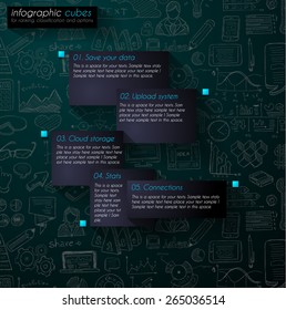 Infographic teamwork and brainstorming with Flat style. A lot of design elements are included: computers, mobile devices, desk supplies, pencil,coffee mug, sheets,documents and so on
