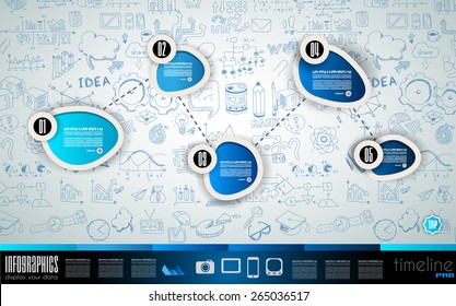 Infographic teamwork and brainstorming with Flat style. A lot of design elements are included: computers, mobile devices, desk supplies, pencil,coffee mug, sheets,documents and so on