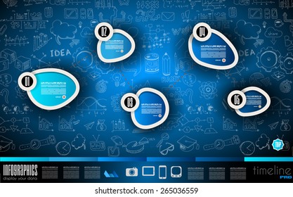 Infographic teamwork and brainstorming with Flat style. A lot of design elements are included: computers, mobile devices, desk supplies, pencil,coffee mug, sheets,documents and so on
