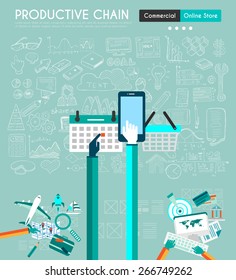 Infographic teamwork and brainstorming with Flat style. A lot of design elements are included: computers, mobile devices, desk supplies, pencil,coffee mug, sheets,documents and so on