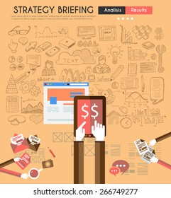Infographic teamwork and brainstorming with Flat style. A lot of design elements are included: computers, mobile devices, desk supplies, pencil,coffee mug, sheets,documents and so on 