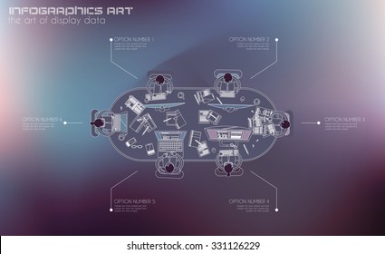 Trabajo en equipo e intercambio de ideas con estilo Flat. Se incluyen muchos elementos de diseño: computadoras, dispositivos móviles, suministros de escritorio, lápiz, taza de café, sábanas, documentos, etc.