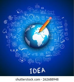 Infographic teamwork and brainstorming with Sketches. A lot of design elements are included: computers, mobile devices, desk supplies, pencil,coffee mug, hand drawn stuff, sheets,documents and so on