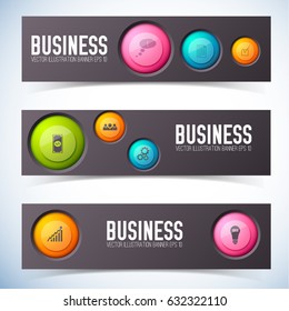 Infographic teamwork design concept with three horizontal banners set with images of cumbersome circle buttons pictograms vector illustration