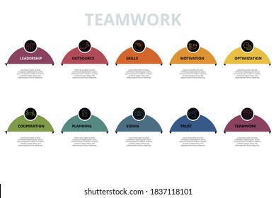 Plantilla de trabajo en equipo de infografía. Iconos de diferentes colores. Incluye trabajo en equipo, confianza, visión, planificación y otros.
