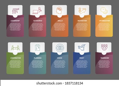 Infografische Teamwork-Vorlage. Symbole in verschiedenen Farben. Einschließlich Teamwork, Vertrauen, Vision, Planung und andere.