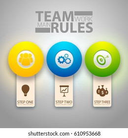 Infographic teamwork template with three vertical banners colorful circles and icons isolated vector illustration