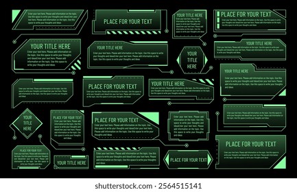 Infographic tech. Callout frame. Title box. Game HUD interface. Futuristic line shapes. Business design technology. Digital graphic UI menu. Future presentation. Vector dashboard hologram buttons set