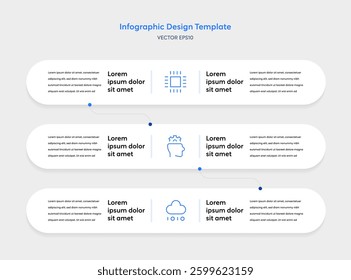 Infographic Tech Template with Minimal Clean Modern Elements. Interface Vertical Layout 3 Step Process Connecting Node feathering AI Data Analysis Semiconductor Icons Business Report Presentation