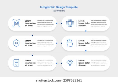 Infographic Tech Template with Minimal Clean Modern Elements. Interface Layout 6 Step Process Connecting Six Node feathering AI Data Analysis Semiconductor Icons Business Report Presentation