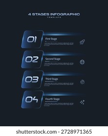 Infografik Tech Template mit minimalen Neon Gradient Elementen. Lineares Layout der Benutzeroberfläche 4-Schritt-Diagramm. Präsentationsdiagramm. Geschäftskonzept mit Zahl und Symbol 4 Optionen oder Phasen. Dark Vector Infografik.