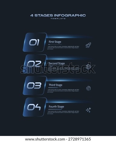 Infographic Tech Template with Minimal Neon Gradient Elements. UI Interface Linear Layout 4 Step diagram. Presentation graph. Business concept with number and icon 4 options or stages. Dark Vector infographic.