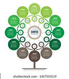 Infographic of technology or education process with 12 points. Template of tree, info chart or diagram. Vertical eco Business presentation concept with twelve options.