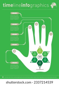 Infographic of technology or education process with 6 parts. Infographics with human hand silhouette on green background. Visual concept.