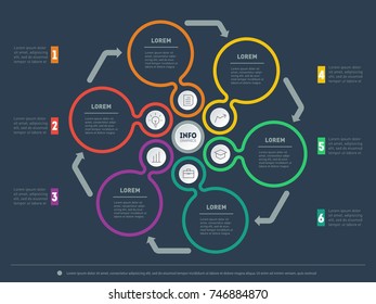 Infographic of technology or education process with 6 steps. Business presentation concept with 6 options. Part of the report with icons. Web Template of a circle infochart, diagram or presentation