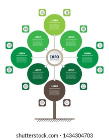 Infographic of technology or education process with 8 points. Web Template of tree, info chart or diagram. Vertical eco Business presentation concept with eight options. Vector.