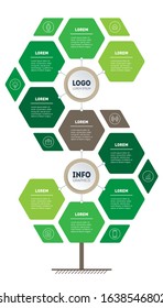 Infographic of technology or education process with 9 parts. Template of tree or diagram. Vertical eco Business presentation with nine options. Info graphics consisting of hexagons.