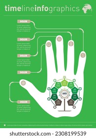 Infographic of technology or education process with 9 parts. Infographics with human hand silhouette on green background. Visual concept.