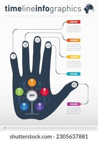 Infografía de tecnología o proceso educativo. Parte del informe con la mano humana y el conjunto de iconos. Concepto de presentación de negocios con 5 ó 9 opciones.