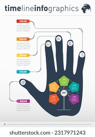 Infographic of technology or education process. Part of the report with human hand and icons set. Business presentation concept with five options.
