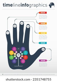 Infographic of technology or education process. Part of the report with human hand and icons set. Business presentation concept with 8 options and icons.