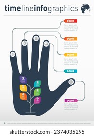 Infographic of technology or education process. Part of the report with human hand and icons set. Business presentation concept with 6 options and icons.
