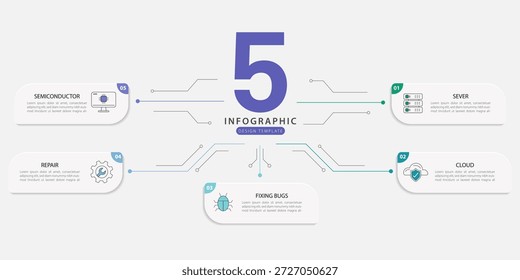Vorlage für Infografik-Technologie. 5 Schritt Zeitplanreise. Prozessdiagramm, 5 Optionen auf weißem Hintergrund, Infografik-Elemente, Wirtschaft, Bildung, moderne Vektorgrafik