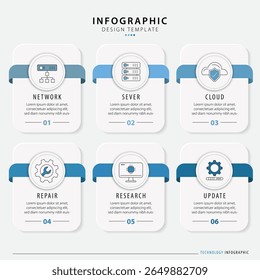 Infographic technology template. 6 Step timeline journey. Process diagram, 6 options on white background, Infograph elements, business, education, modern vector illustration