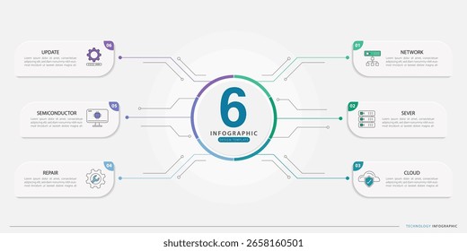 Plantilla de tecnología infográfica. Viaje de la línea de tiempo de 6 pasos. Diagrama de proceso, 6 opciones sobre fondo blanco, Elementos de infografía, negocios, educación, Ilustración vectorial moderna