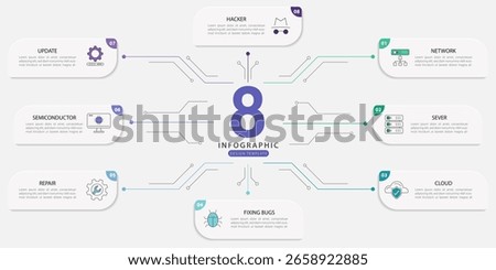 Infographic technology template. 8 Step timeline journey. Process diagram, 8 options on white background, Infograph elements, business, education, modern vector illustration