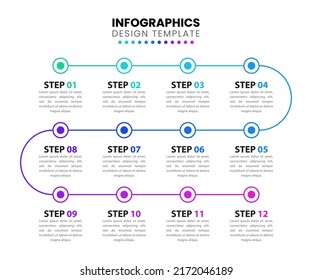 Infografische Vorlage mit 12 Optionen oder Schritten. Zeitplan. Kann für Workflow-Layout, Diagramm, Banner, Webdesign verwendet werden. Vektorgrafik