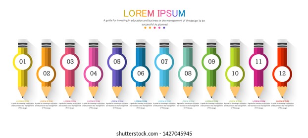 Infographic template with 12 steps Pencil with colored ribbons