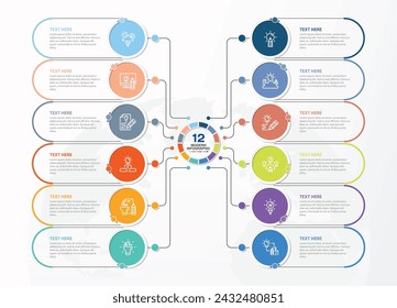 Plantilla de infografía con 12 pasos, proceso u opciones, diagrama de proceso, Utilizado para diagrama de proceso, presentaciones, diseño de flujo de trabajo, diagrama de flujo, infografía. Ilustración del vector eps10.